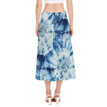 White And Blue Tie Dye Print Side Slit Midi Skirt