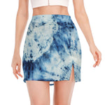 White And Blue Tie Dye Print Side Slit Mini Skirt