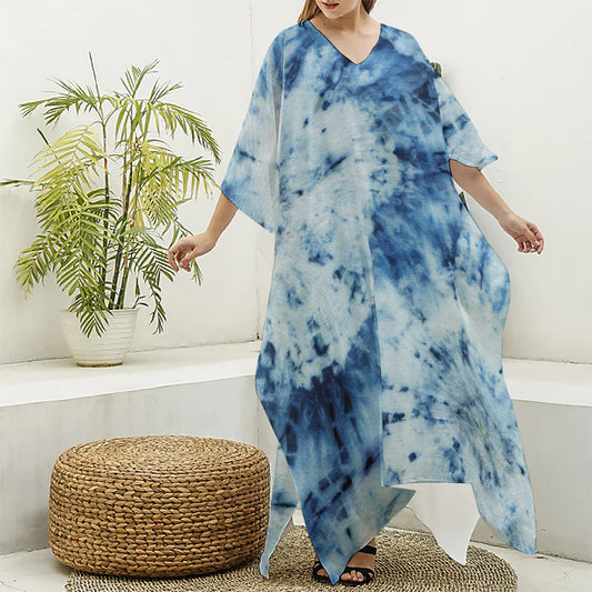 White And Blue Tie Dye Print Silk V-Neck Kaftan Dress