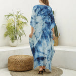 White And Blue Tie Dye Print Silk V-Neck Kaftan Dress