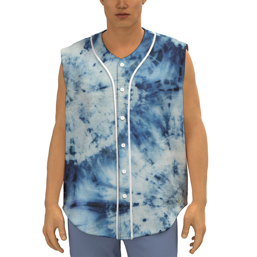 White And Blue Tie Dye Print Sleeveless Baseball Jersey