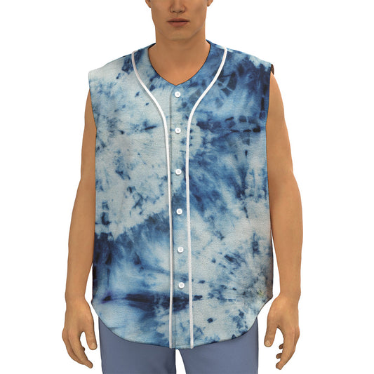 White And Blue Tie Dye Print Sleeveless Baseball Jersey