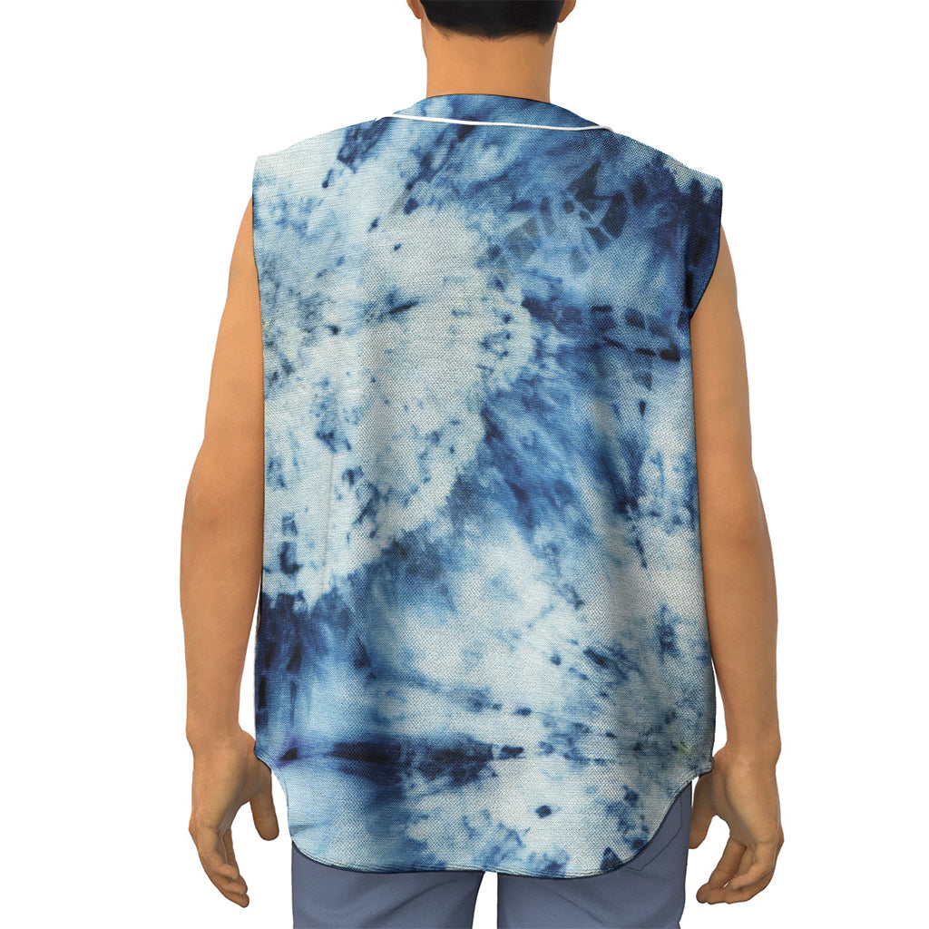 White And Blue Tie Dye Print Sleeveless Baseball Jersey