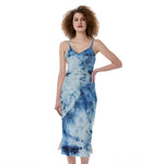 White And Blue Tie Dye Print Slim Fit Midi Cami Dress