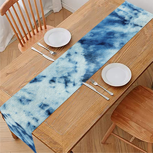 White And Blue Tie Dye Print Table Runner