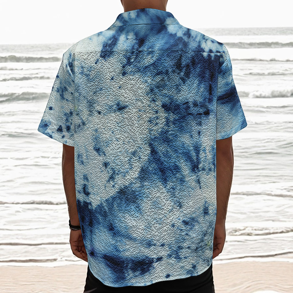 White And Blue Tie Dye Print Textured Short Sleeve Shirt