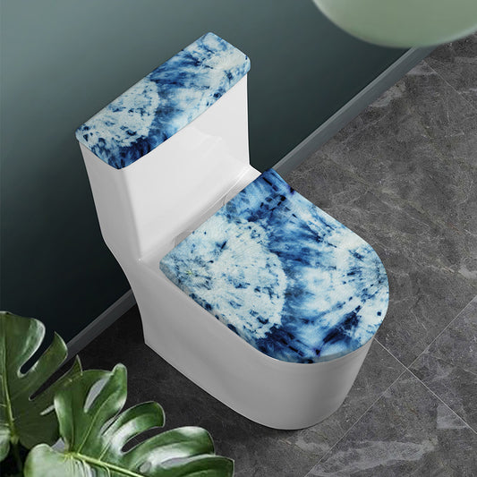 White And Blue Tie Dye Print Toilet Lid And Tank Cover Set