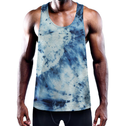 White And Blue Tie Dye Print Training Tank Top