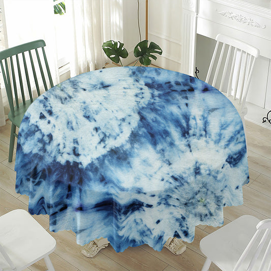White And Blue Tie Dye Print Waterproof Round Tablecloth