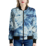 White And Blue Tie Dye Print Women's Bomber Jacket