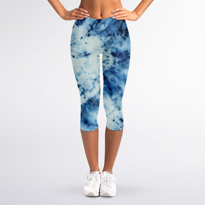 White And Blue Tie Dye Print Women's Capri Leggings