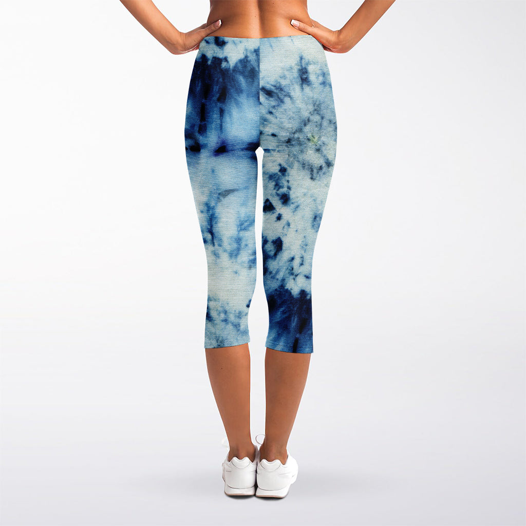 White And Blue Tie Dye Print Women's Capri Leggings