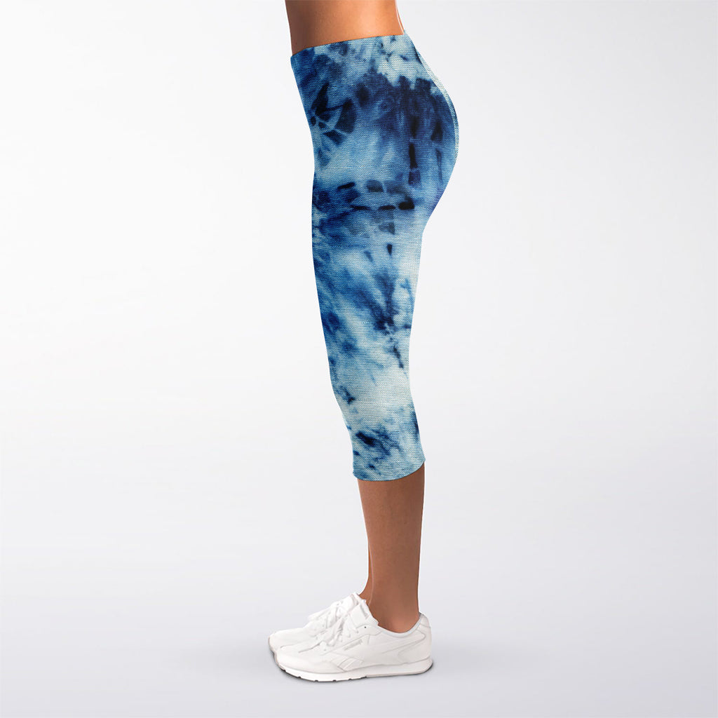 White And Blue Tie Dye Print Women's Capri Leggings