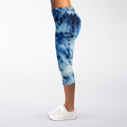 White And Blue Tie Dye Print Women's Capri Leggings