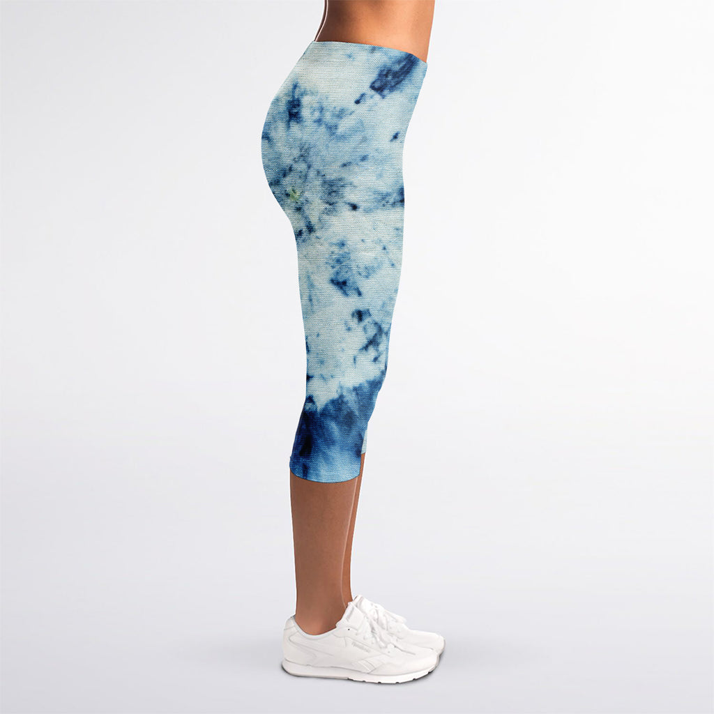 White And Blue Tie Dye Print Women's Capri Leggings