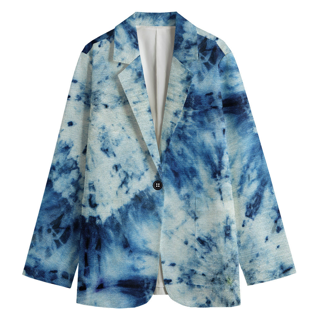 White And Blue Tie Dye Print Women's Cotton Blazer