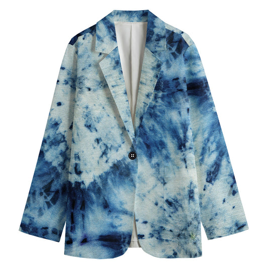 White And Blue Tie Dye Print Women's Cotton Blazer
