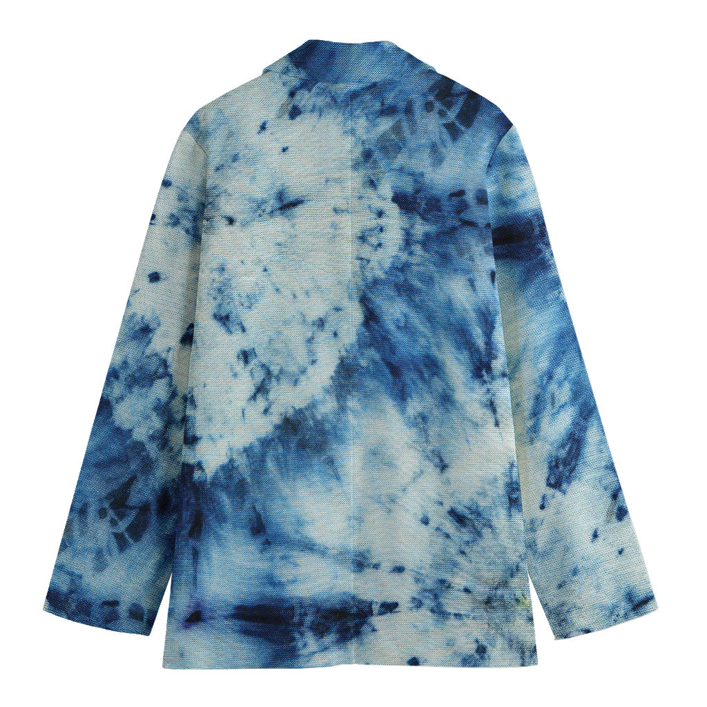 White And Blue Tie Dye Print Women's Cotton Blazer