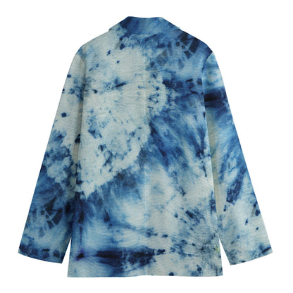 White And Blue Tie Dye Print Women's Cotton Blazer