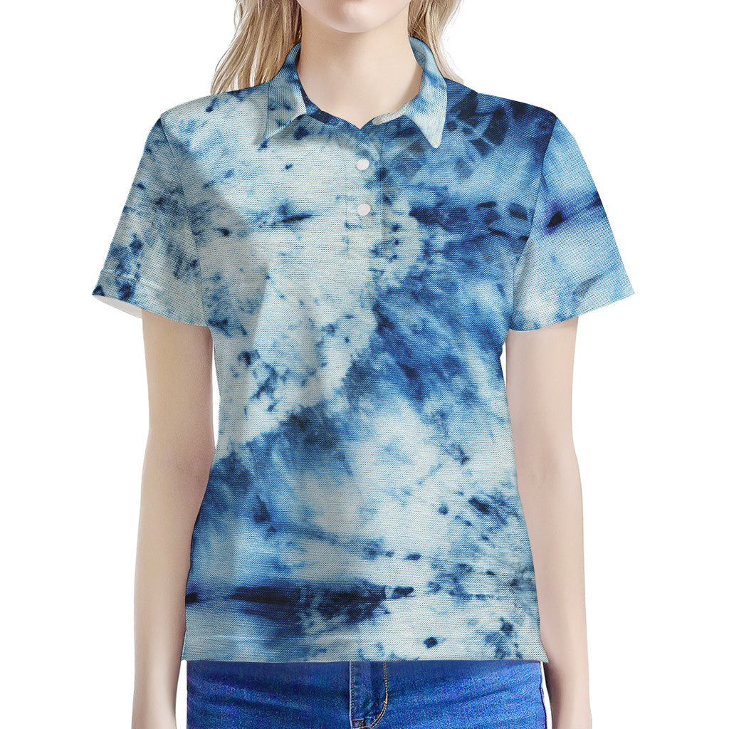 White And Blue Tie Dye Print Women's Polo Shirt