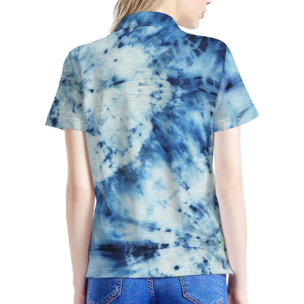 White And Blue Tie Dye Print Women's Polo Shirt