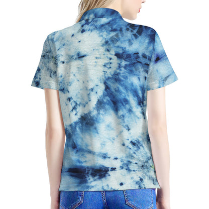 White And Blue Tie Dye Print Women's Polo Shirt