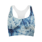 White And Blue Tie Dye Print Women's Sports Bra