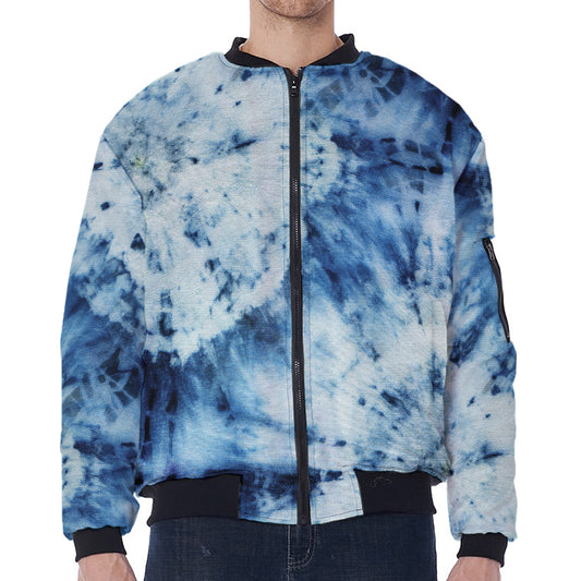 White And Blue Tie Dye Print Zip Sleeve Bomber Jacket