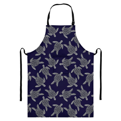 White And Blue Turtle Pattern Print Bib Apron With Pocket