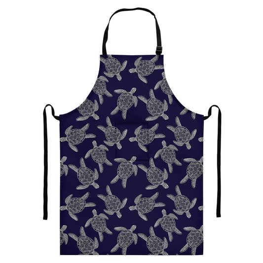 White And Blue Turtle Pattern Print Bib Apron With Pocket