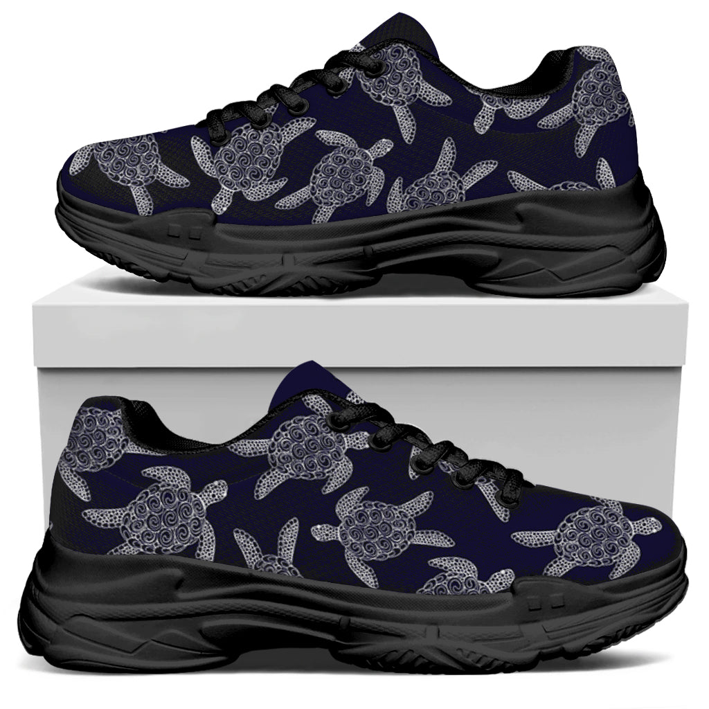 White And Blue Turtle Pattern Print Black Chunky Shoes