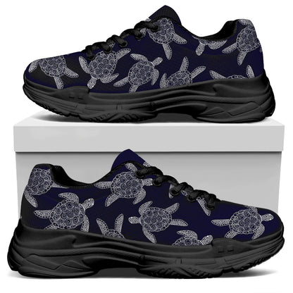 White And Blue Turtle Pattern Print Black Chunky Shoes