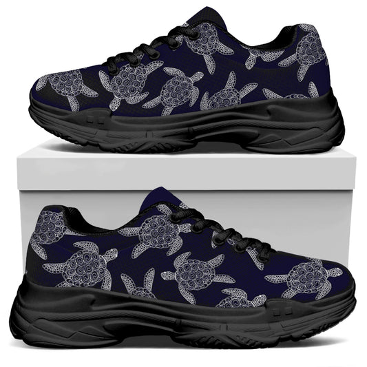 White And Blue Turtle Pattern Print Black Chunky Shoes