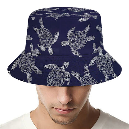 White And Blue Turtle Pattern Print Bucket Hat