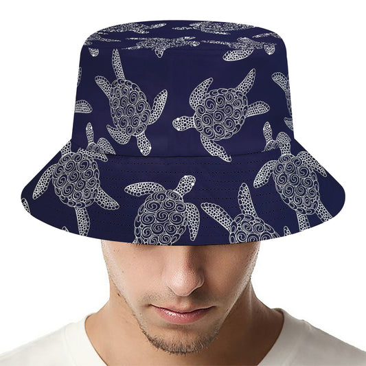 White And Blue Turtle Pattern Print Bucket Hat