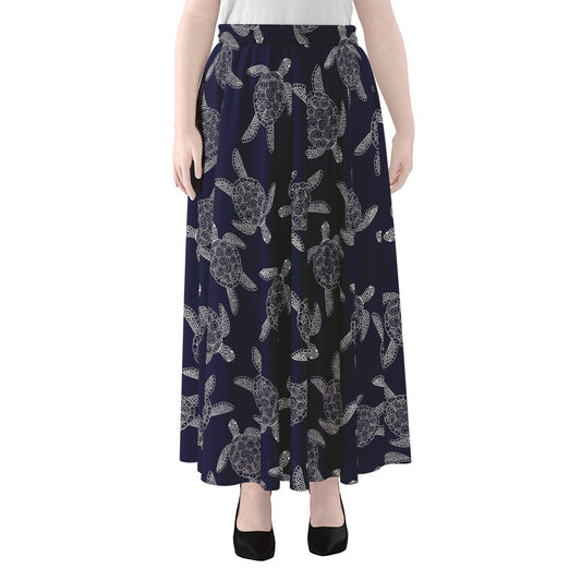 White And Blue Turtle Pattern Print Chiffon Maxi Skirt