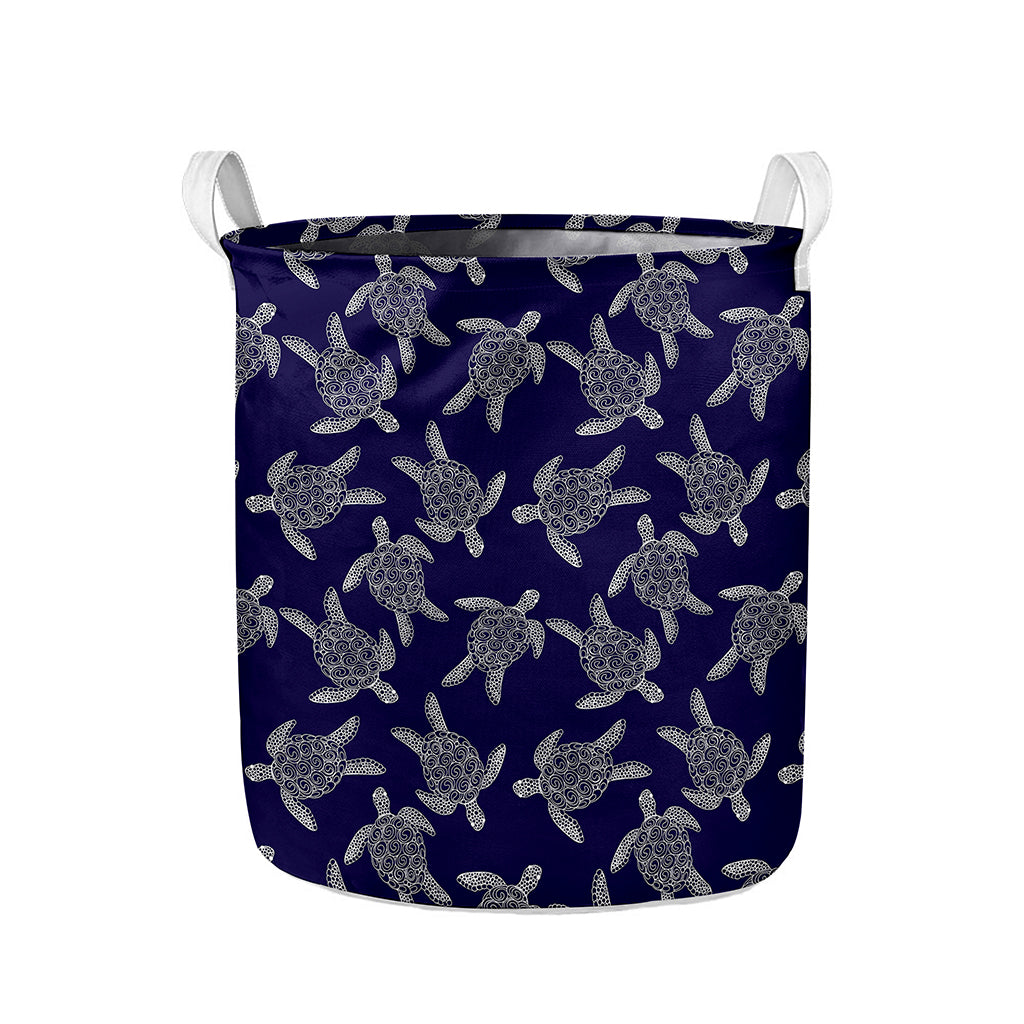 White And Blue Turtle Pattern Print Collapsible Laundry Basket