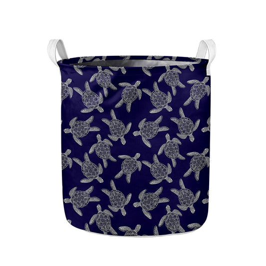 White And Blue Turtle Pattern Print Collapsible Laundry Basket