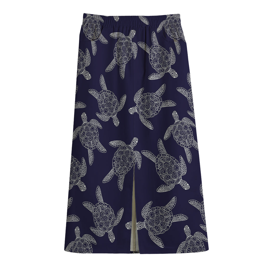 White And Blue Turtle Pattern Print Cotton Front Slit Maxi Skirt