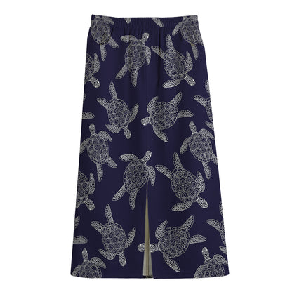White And Blue Turtle Pattern Print Cotton Front Slit Maxi Skirt