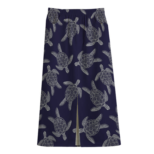 White And Blue Turtle Pattern Print Cotton Front Slit Maxi Skirt