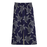 White And Blue Turtle Pattern Print Cotton Front Slit Maxi Skirt