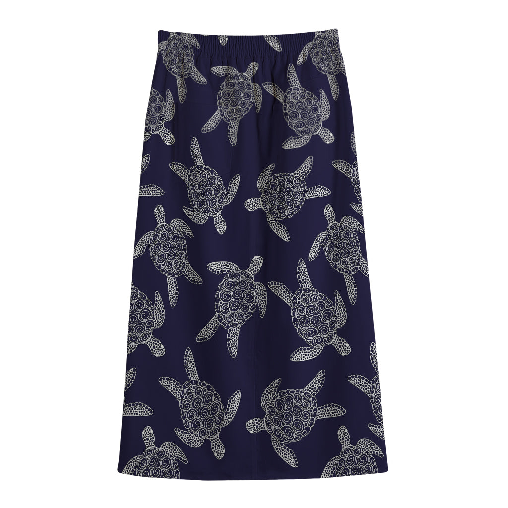 White And Blue Turtle Pattern Print Cotton Front Slit Maxi Skirt