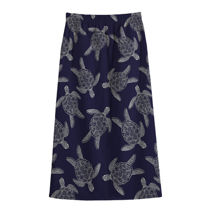 White And Blue Turtle Pattern Print Cotton Front Slit Maxi Skirt