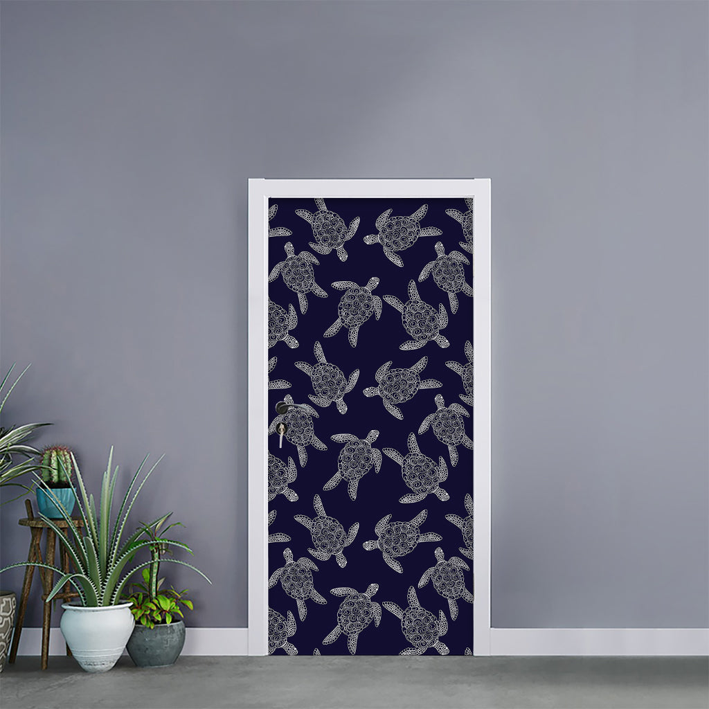 White And Blue Turtle Pattern Print Door Sticker