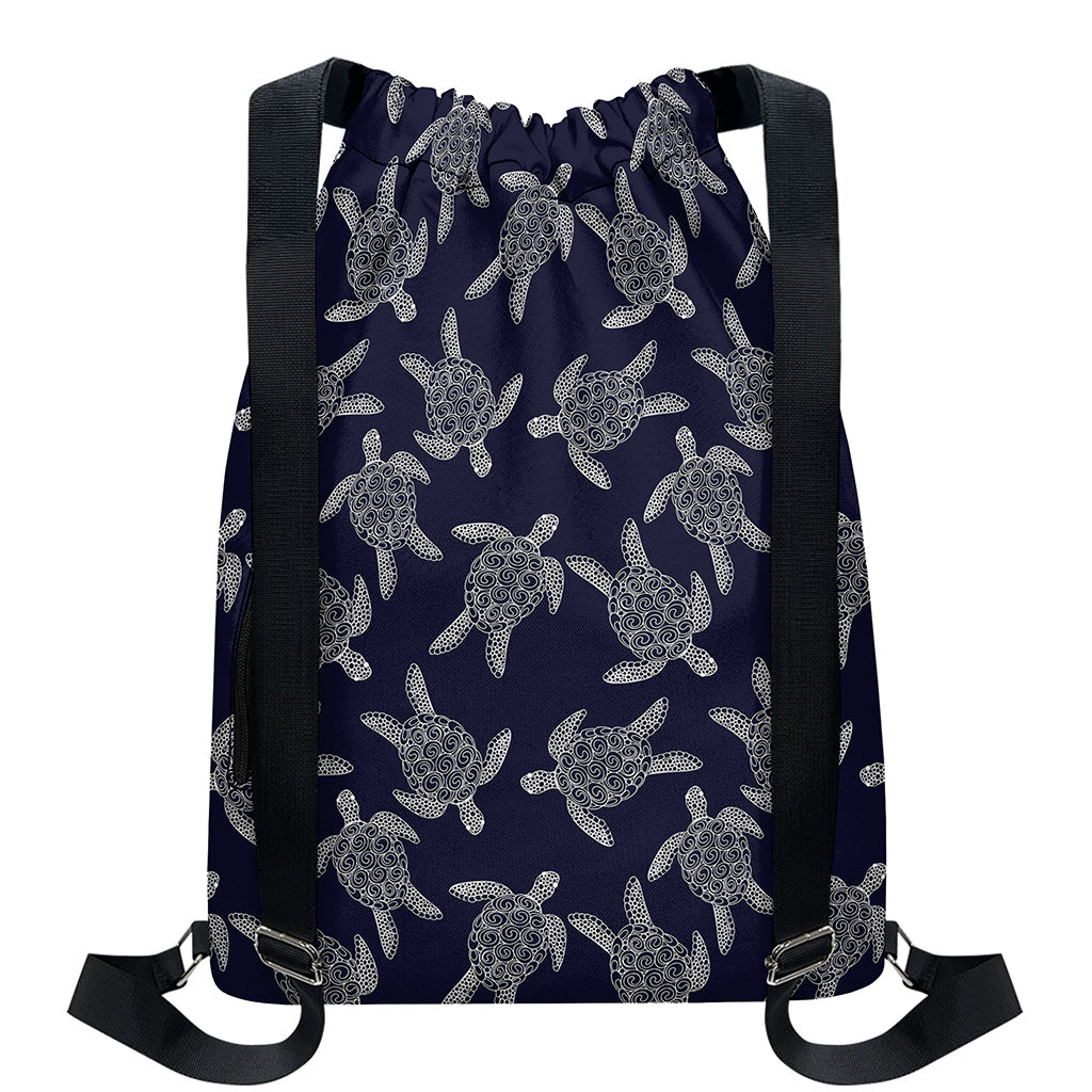 White And Blue Turtle Pattern Print Drawstring Backpack