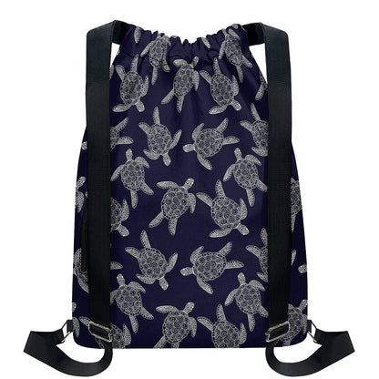 White And Blue Turtle Pattern Print Drawstring Backpack