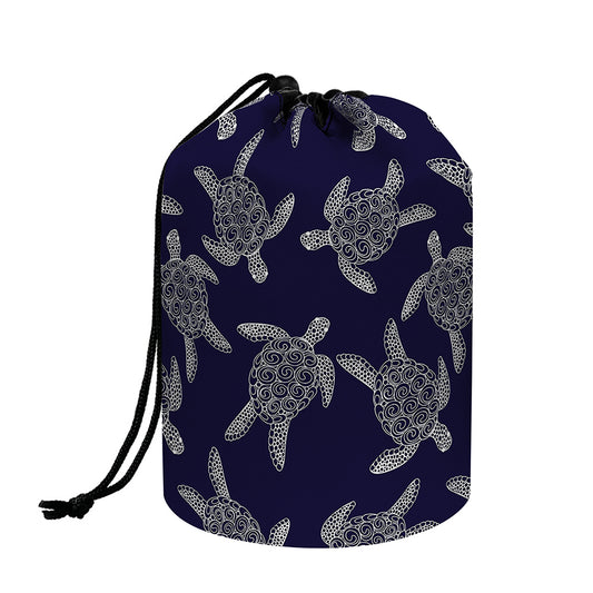White And Blue Turtle Pattern Print Drawstring Makeup Bag