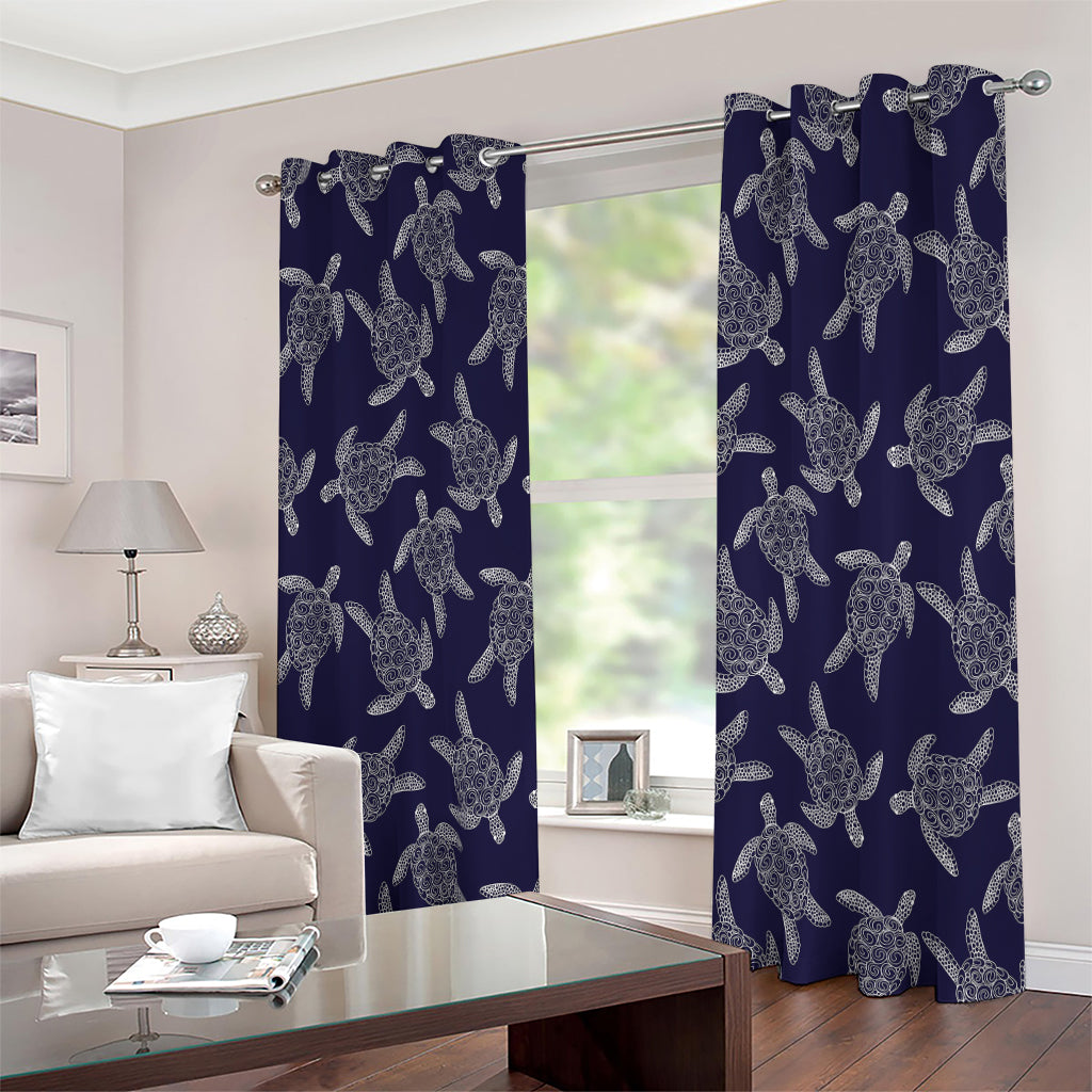 White And Blue Turtle Pattern Print Extra Wide Grommet Curtains