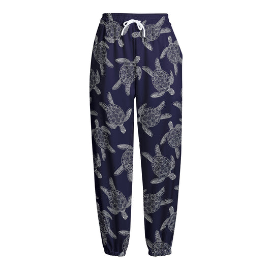 White And Blue Turtle Pattern Print Fleece Lined Knit Pants